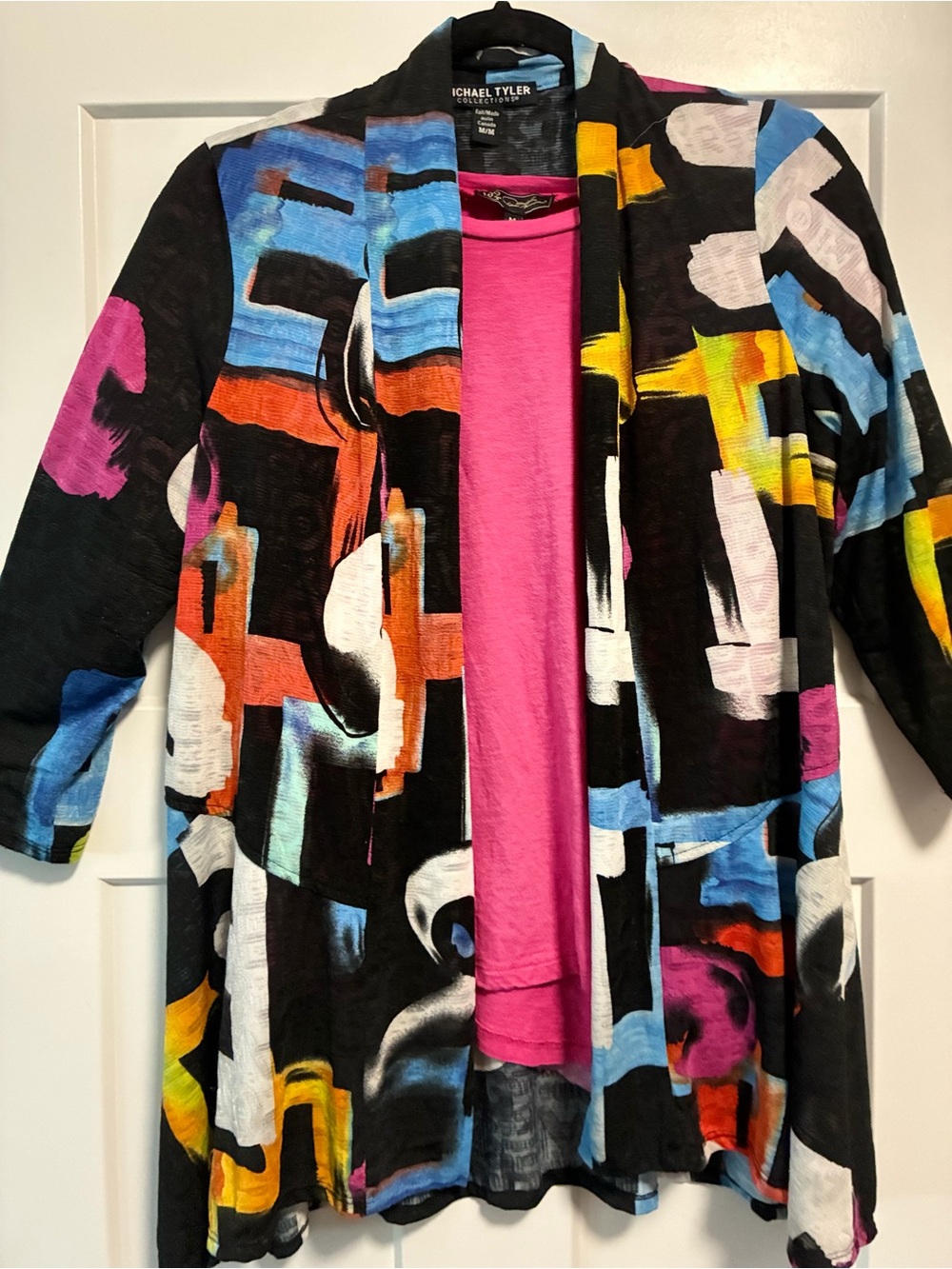 Michael Tyler Women's Open-Front Abstract Print Jacket - Black with Pink Accents